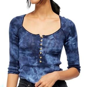 Free People Rory Tie Dye Henley Ribbed Pointelle Scoop Neck in navy blue